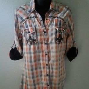 🏍 Roar Orange & Black Button Down Embroidered Top